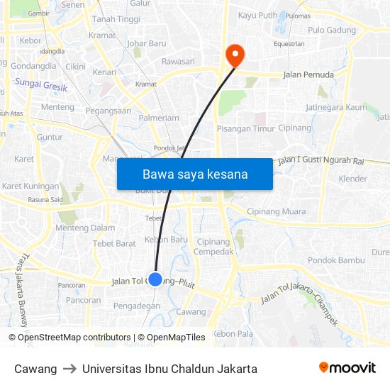 Cawang to Universitas Ibnu Chaldun Jakarta map