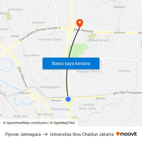 Flyover Jatinegara to Universitas Ibnu Chaldun Jakarta map