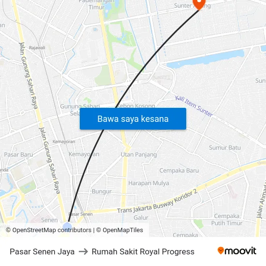 Pasar Senen Jaya to Rumah Sakit Royal Progress map