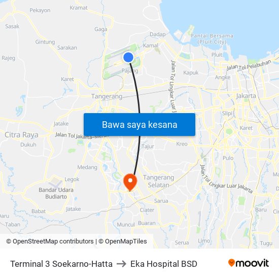 Terminal 3 Soekarno-Hatta to Eka Hospital BSD map