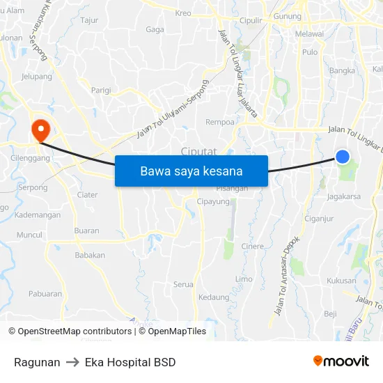 Ragunan to Eka Hospital BSD map