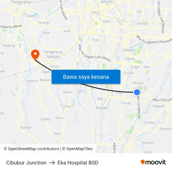 Cibubur Junction to Eka Hospital BSD map