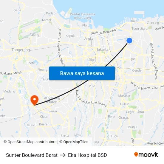 Sunter Boulevard Barat to Eka Hospital BSD map