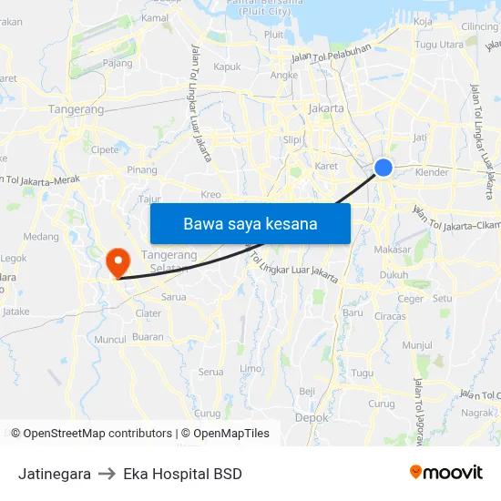 Jatinegara to Eka Hospital BSD map