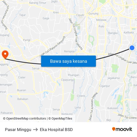 Pasar Minggu to Eka Hospital BSD map