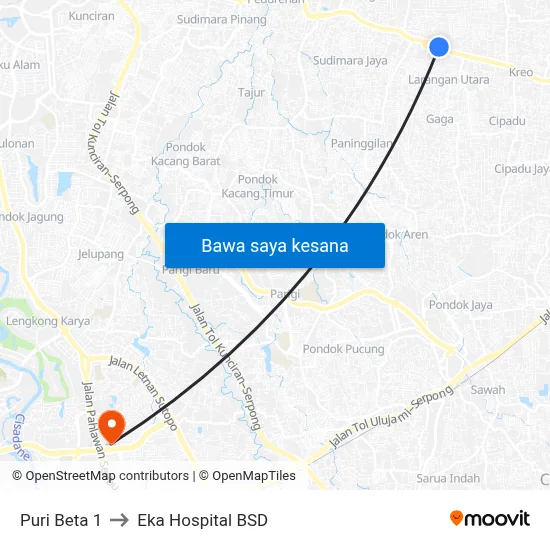 Puri Beta 1 to Eka Hospital BSD map