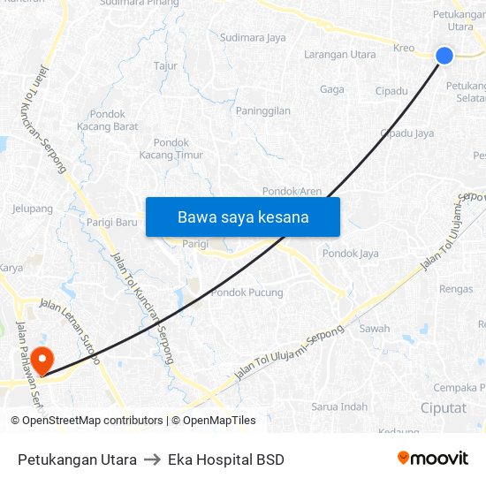 Petukangan Utara to Eka Hospital BSD map