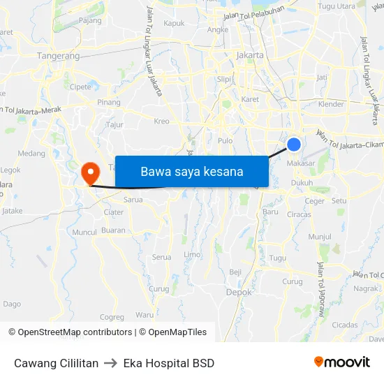 Cawang Cililitan to Eka Hospital BSD map