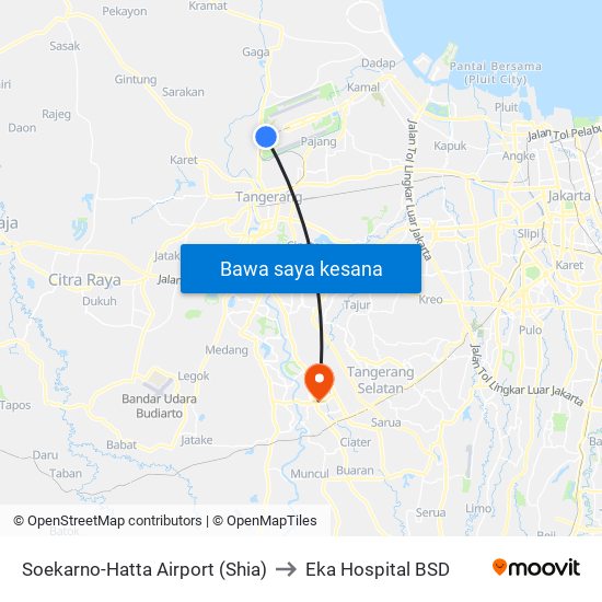 Soekarno-Hatta Airport (Shia) to Eka Hospital BSD map