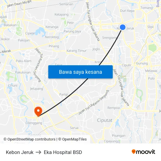 Kebon Jeruk to Eka Hospital BSD map