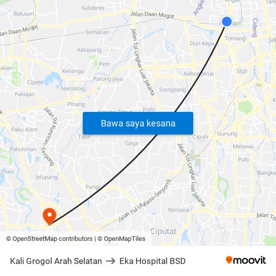 Kali Grogol Arah Selatan to Eka Hospital BSD map