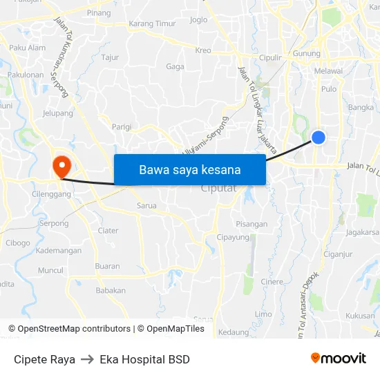 Cipete Raya to Eka Hospital BSD map