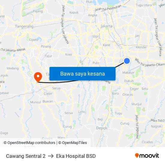 Cawang Sentral 2 to Eka Hospital BSD map
