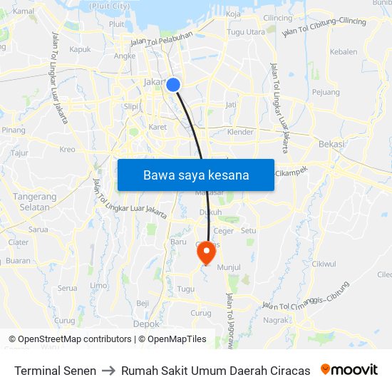 Terminal Senen to Rumah Sakit Umum Daerah Ciracas map