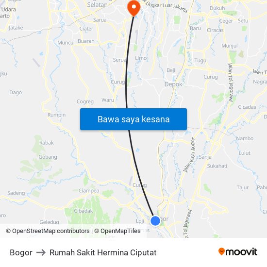 Bogor to Rumah Sakit Hermina Ciputat map