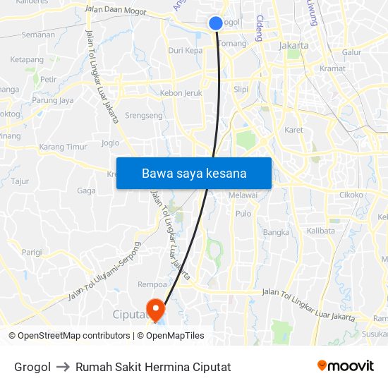 Grogol to Rumah Sakit Hermina Ciputat map