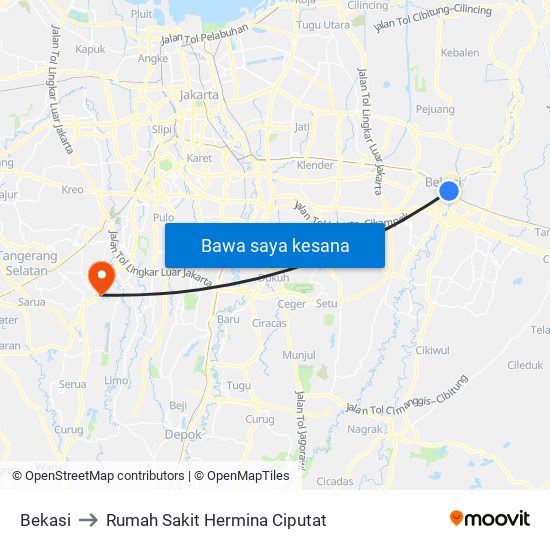 Bekasi to Rumah Sakit Hermina Ciputat map