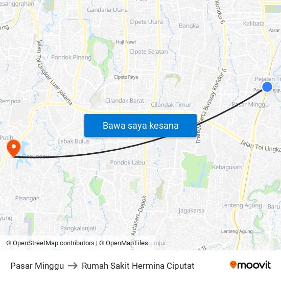 Pasar Minggu to Rumah Sakit Hermina Ciputat map