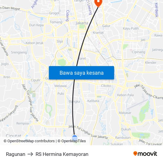 Ragunan to RS Hermina Kemayoran map