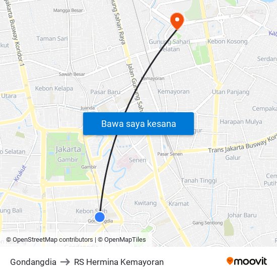 Gondangdia to RS Hermina Kemayoran map