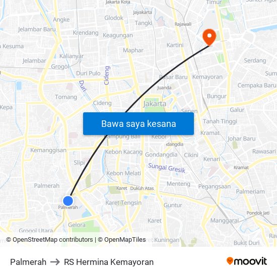 Palmerah to RS Hermina Kemayoran map