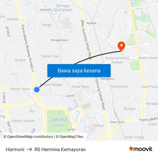 Harmoni to RS Hermina Kemayoran map