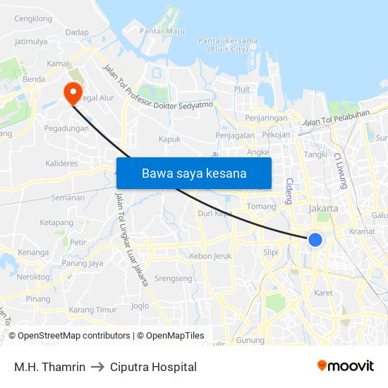 M.H. Thamrin to Ciputra Hospital map