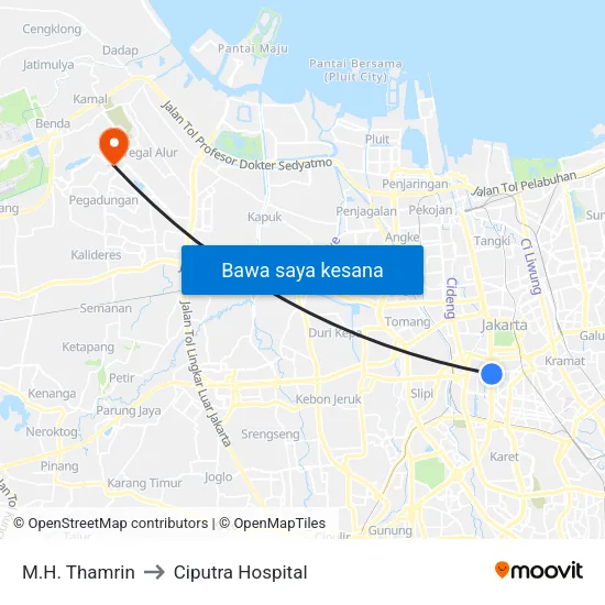 M.H. Thamrin to Ciputra Hospital map