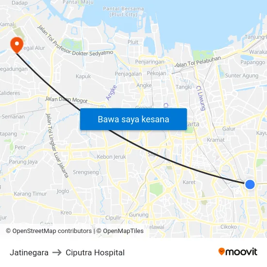 Jatinegara to Ciputra Hospital map