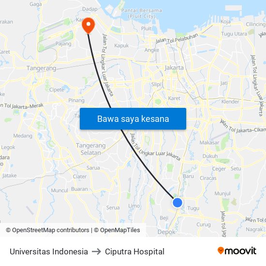 Universitas Indonesia to Ciputra Hospital map