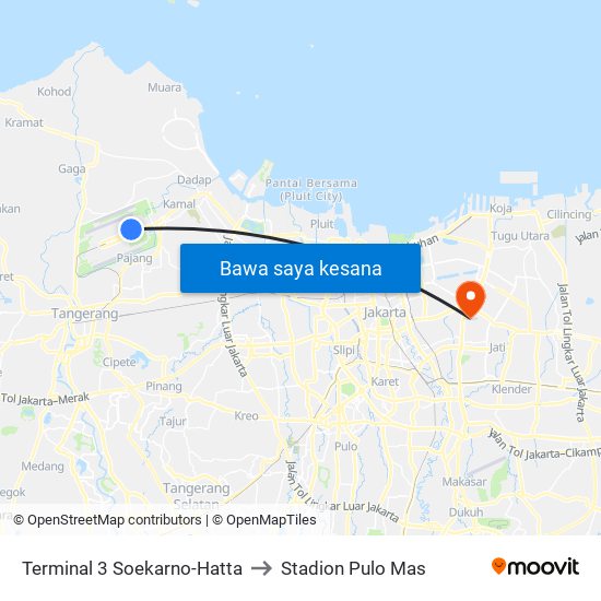 Terminal 3 Soekarno-Hatta to Stadion Pulo Mas map