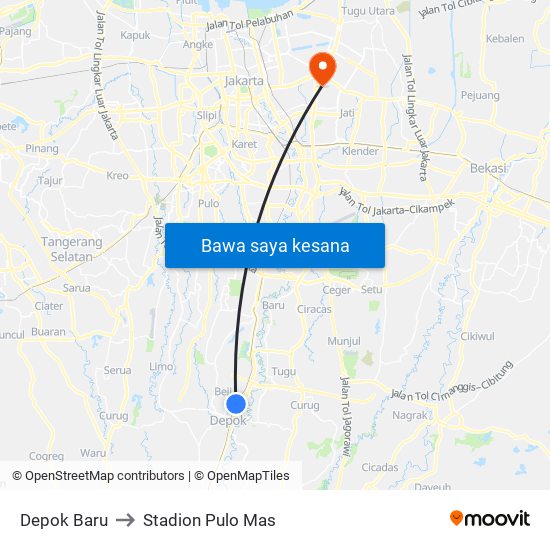 Depok Baru to Stadion Pulo Mas map