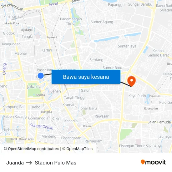 Juanda to Stadion Pulo Mas map