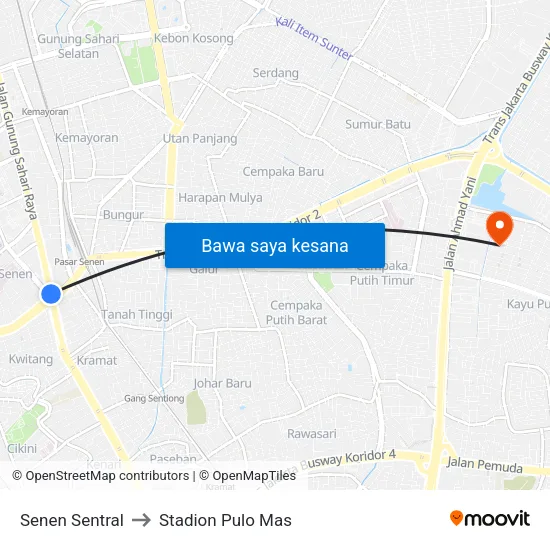 Senen Sentral to Stadion Pulo Mas map