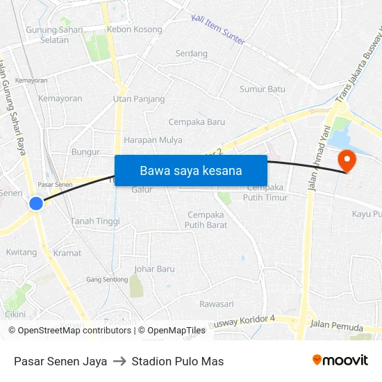 Pasar Senen Jaya to Stadion Pulo Mas map