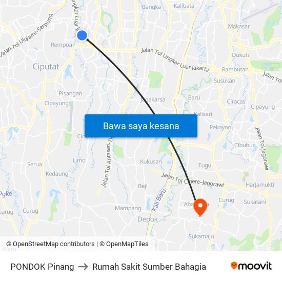 PONDOK Pinang to Rumah Sakit Sumber Bahagia map