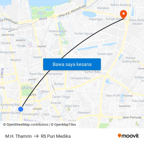 M.H. Thamrin to RS Puri Medika map