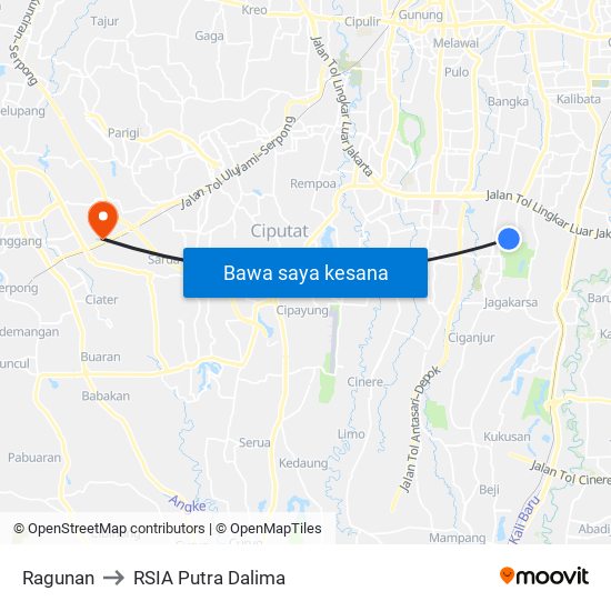 Ragunan to RSIA Putra Dalima map