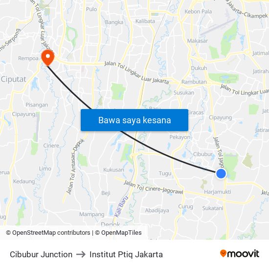 Cibubur Junction to Institut Ptiq Jakarta map