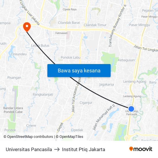 Universitas Pancasila to Institut Ptiq Jakarta map