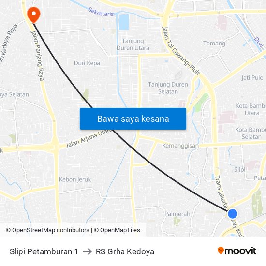 Slipi Petamburan 1 to RS Grha Kedoya map