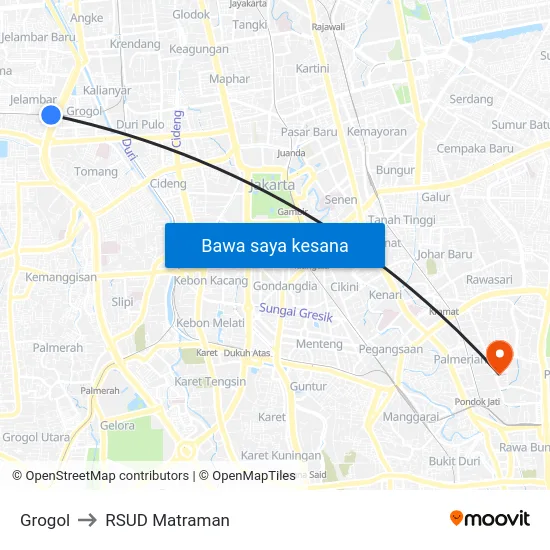 Grogol to RSUD Matraman map