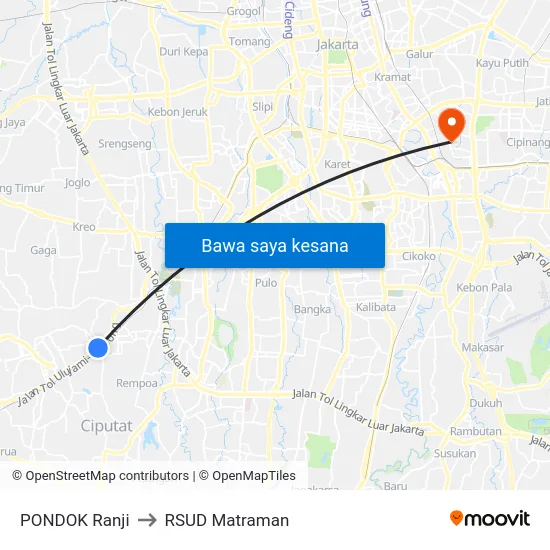 PONDOK Ranji to RSUD Matraman map