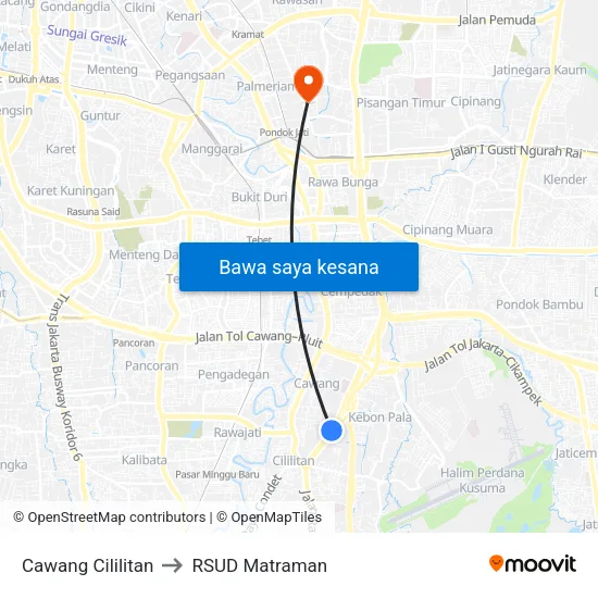 Cawang Cililitan to RSUD Matraman map