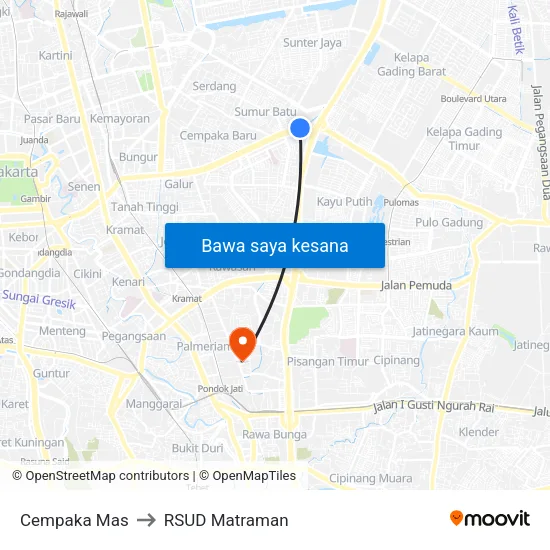 Cempaka Mas to RSUD Matraman map