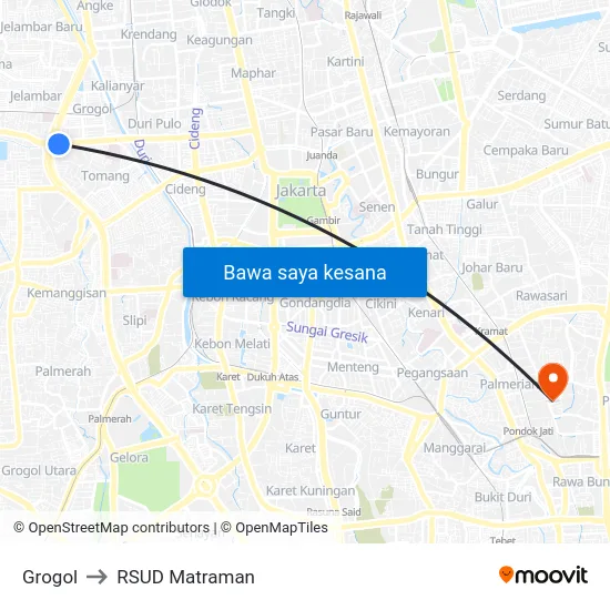 Grogol to RSUD Matraman map