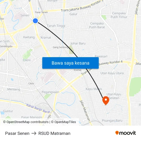 Pasar Senen to RSUD Matraman map