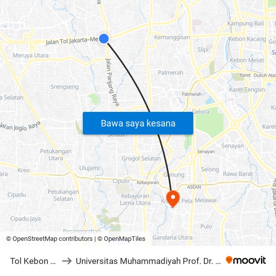 Tol Kebon Jeruk 1 to Universitas Muhammadiyah Prof. Dr. Hamka (Uhamka) map