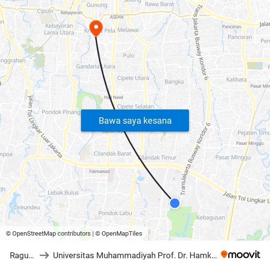 Ragunan to Universitas Muhammadiyah Prof. Dr. Hamka (Uhamka) map