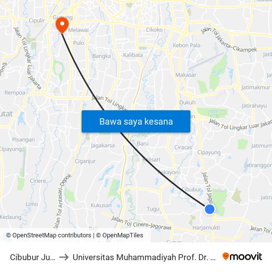 Cibubur Junction to Universitas Muhammadiyah Prof. Dr. Hamka (Uhamka) map